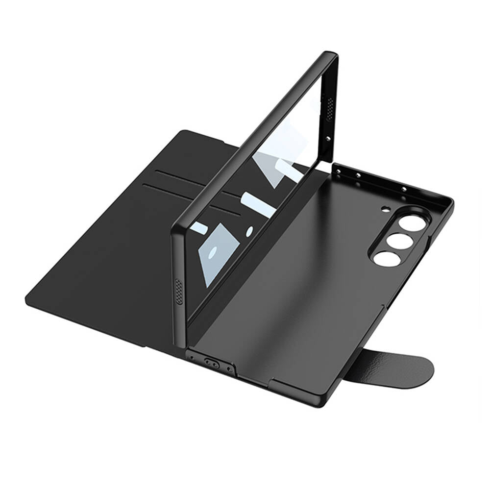 Galaxy Z Fold 6 Kılıf Kamera Korumalı Kartlıklı Kalem Bölmeli Zore Kıpta Çizgili Droga Kılıf Siyah