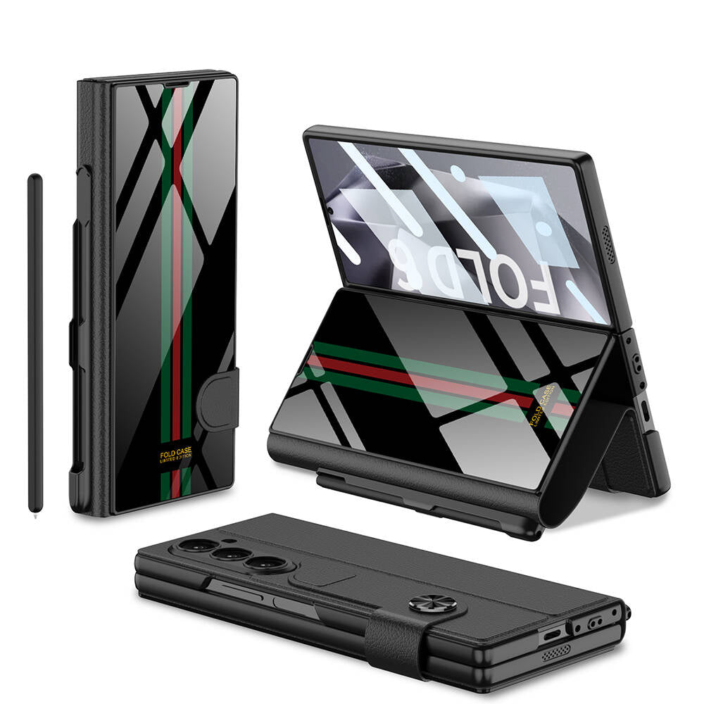 Galaxy Z Fold 6 Kılıf Kamera Korumalı Kartlıklı Kalem Bölmeli Zore Kıpta Çizgili Droga Kılıf Yeşil Kırmızı