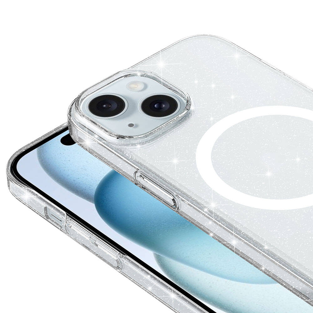 iPhone 15 Kılıf Zore Magsafe Şarj Özellikli Simli Şeffaf Arka Yüzey Erdos Silikon Kapak Renksiz