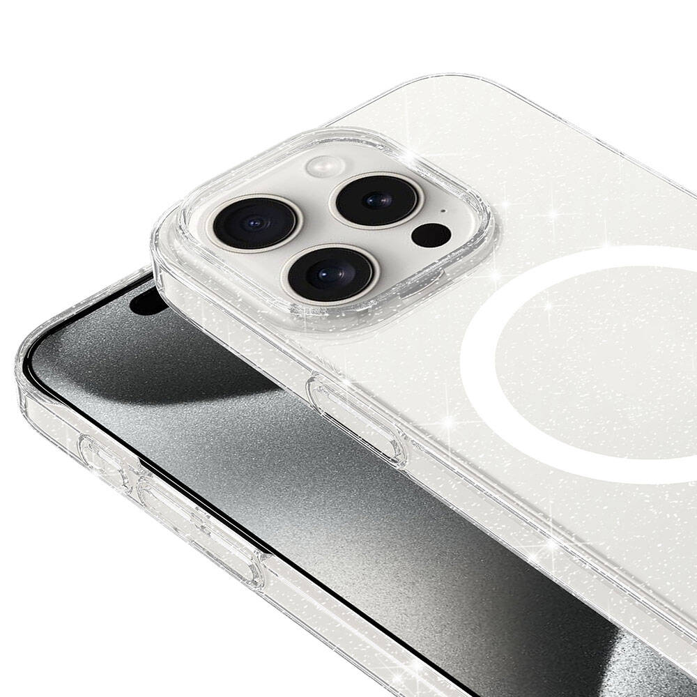 iPhone 15 Pro Kılıf Zore Magsafe Şarj Özellikli Simli Şeffaf Arka Yüzey Erdos Silikon Kapak Renksiz
