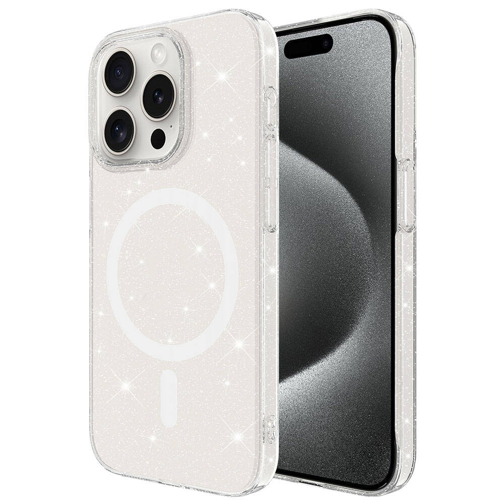iPhone 15 Pro Kılıf Zore Magsafe Şarj Özellikli Simli Şeffaf Arka Yüzey Erdos Silikon Kapak Renksiz