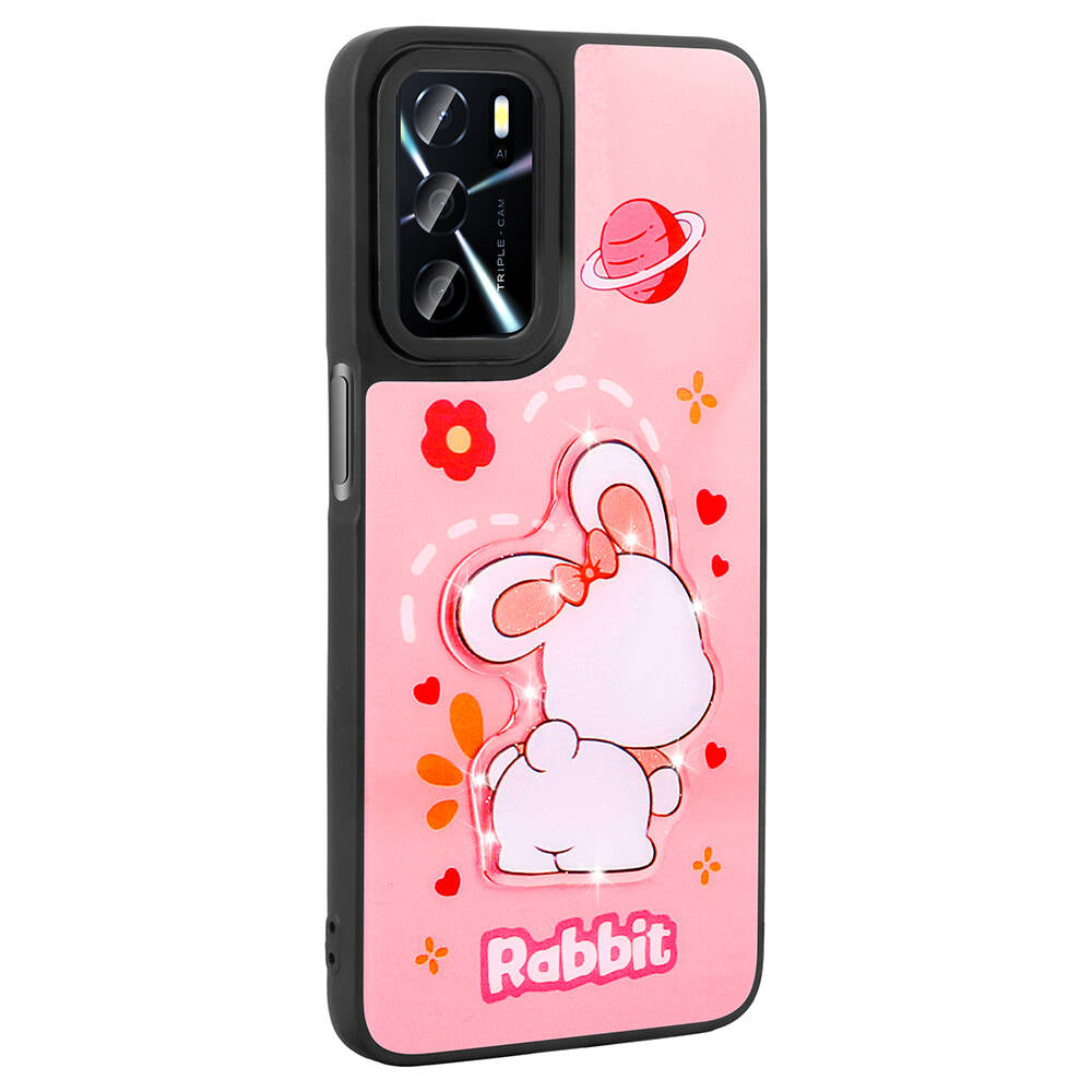 Oppo A54 4G Kılıf Parlayan Kabartmalı İkonik Figürlü Zore Amas Silikon Kapak Pembe