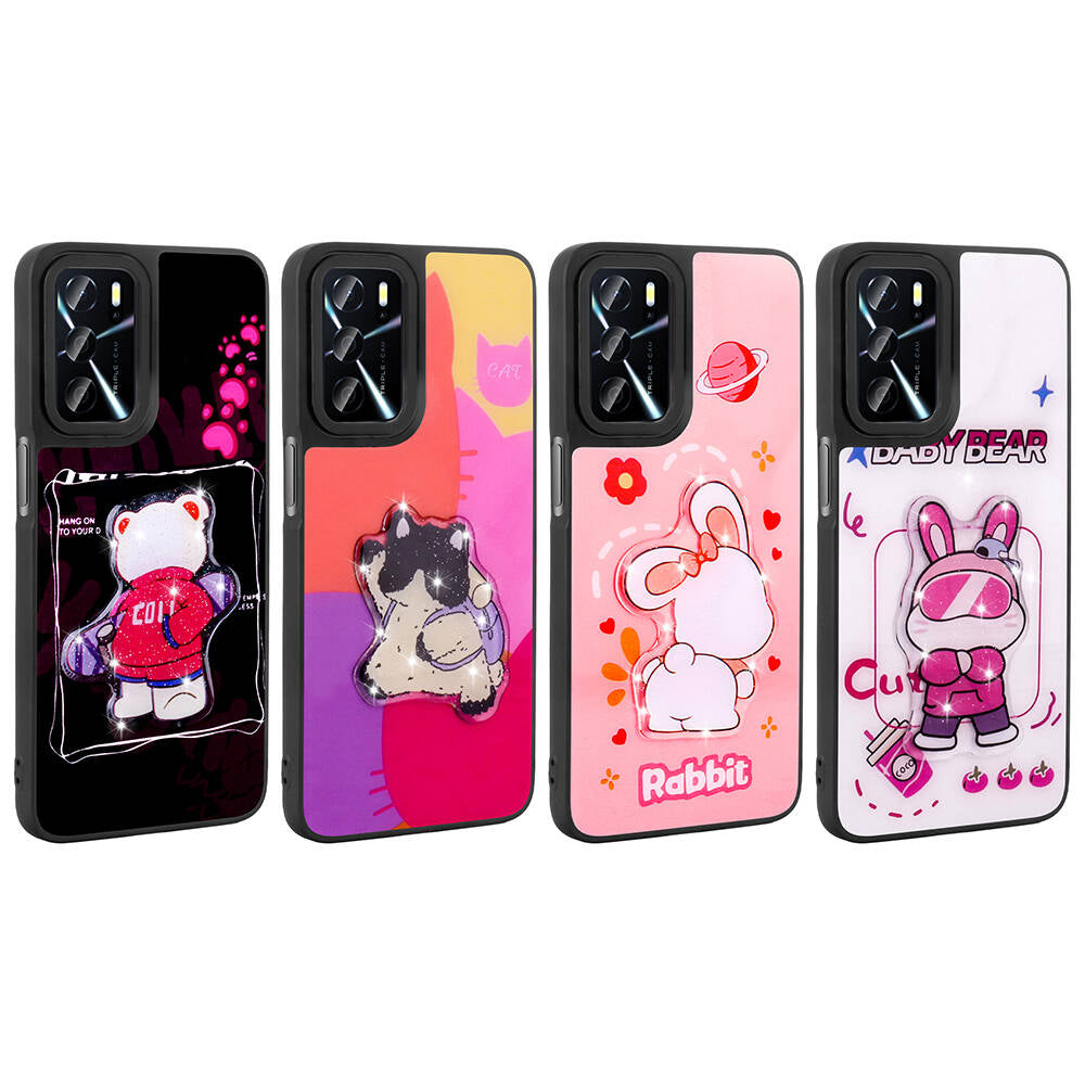 Oppo A54 4G Kılıf Parlayan Kabartmalı İkonik Figürlü Zore Amas Silikon Kapak Pembe