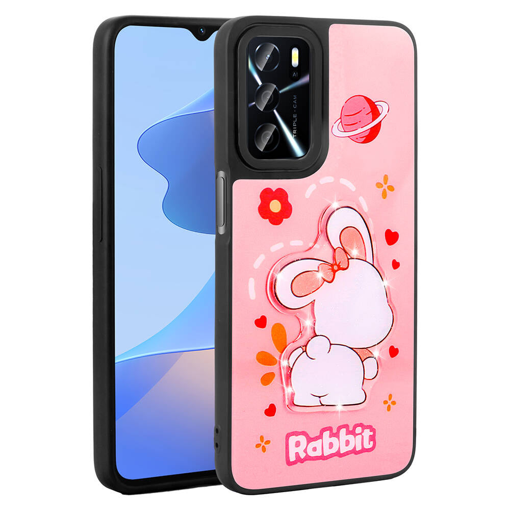 Oppo A54 4G Kılıf Parlayan Kabartmalı İkonik Figürlü Zore Amas Silikon Kapak Pembe