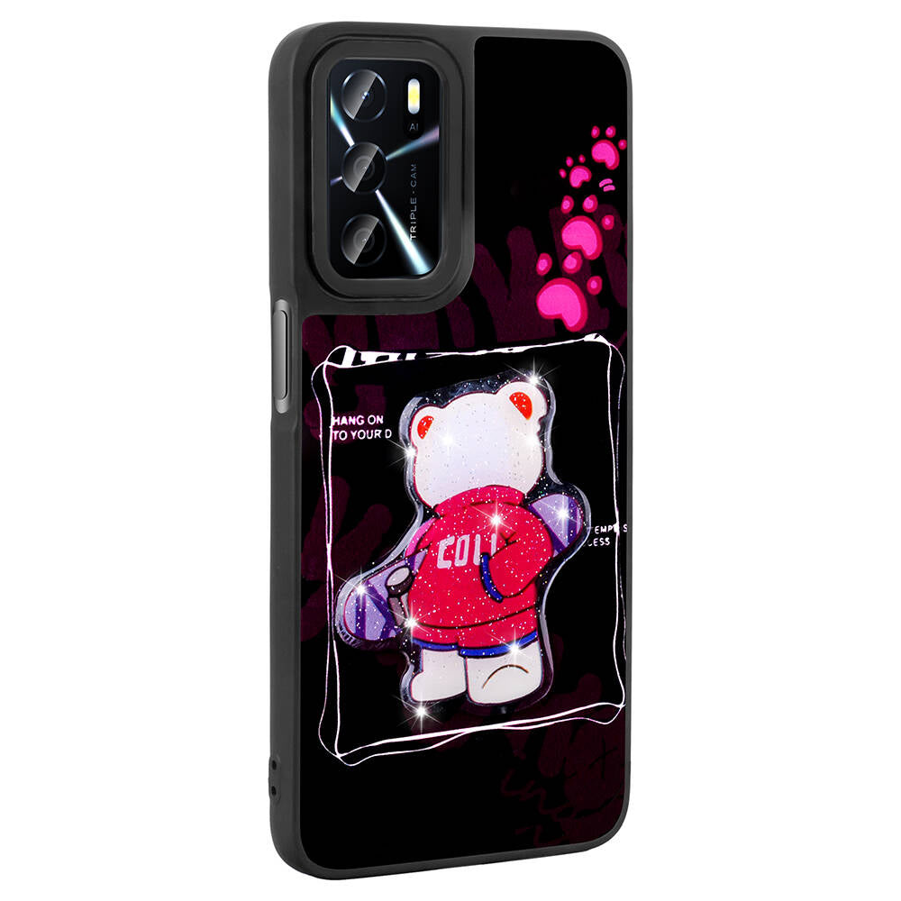 Oppo A55 4G Kılıf Parlayan Kabartmalı İkonik Figürlü Zore Amas Silikon Kapak Mor