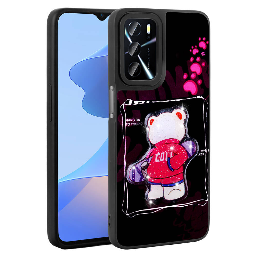 Oppo A55 4G Kılıf Parlayan Kabartmalı İkonik Figürlü Zore Amas Silikon Kapak Siyah