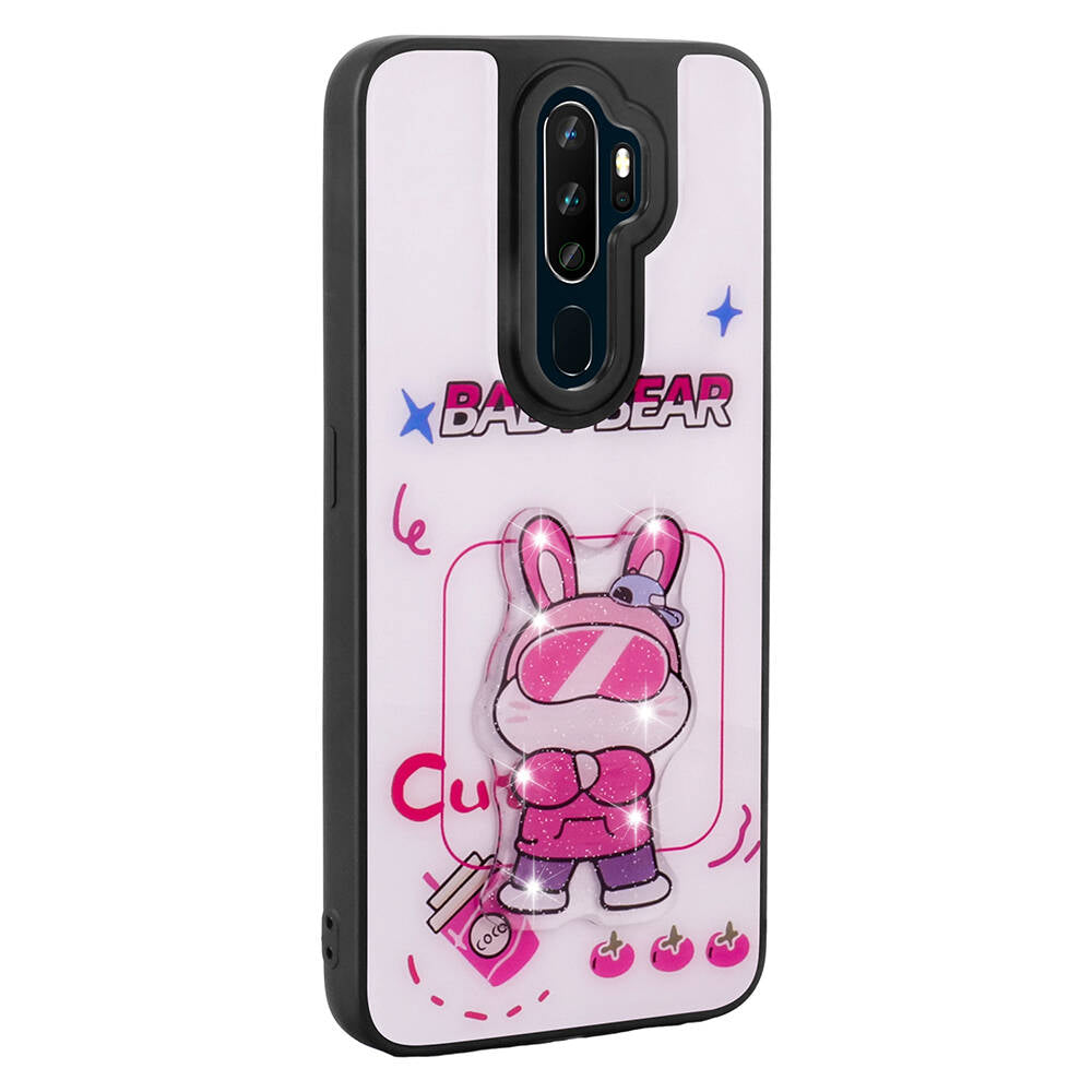 Oppo A9 2020 Kılıf Parlayan Kabartmalı İkonik Figürlü Zore Amas Silikon Kapak Pembe