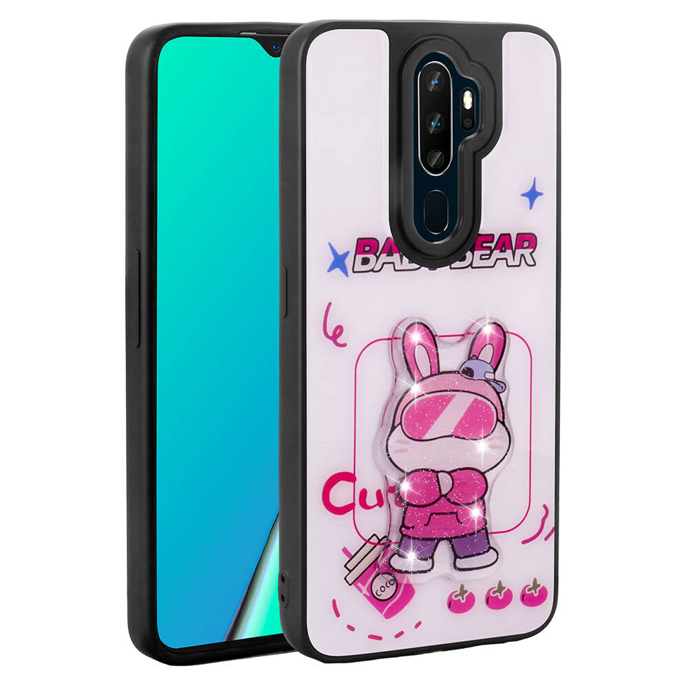 Oppo A9 2020 Kılıf Parlayan Kabartmalı İkonik Figürlü Zore Amas Silikon Kapak Pembe