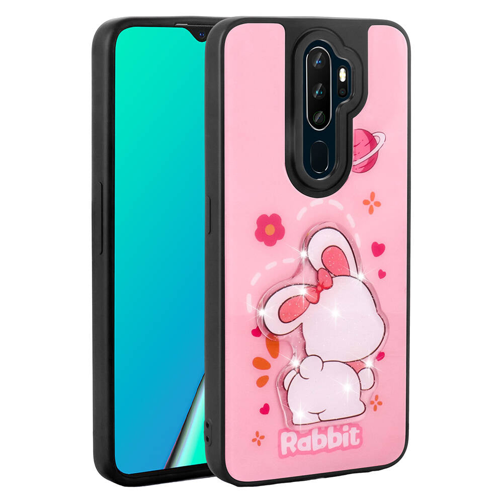 Oppo A9 2020 Kılıf Parlayan Kabartmalı İkonik Figürlü Zore Amas Silikon Kapak Pembe