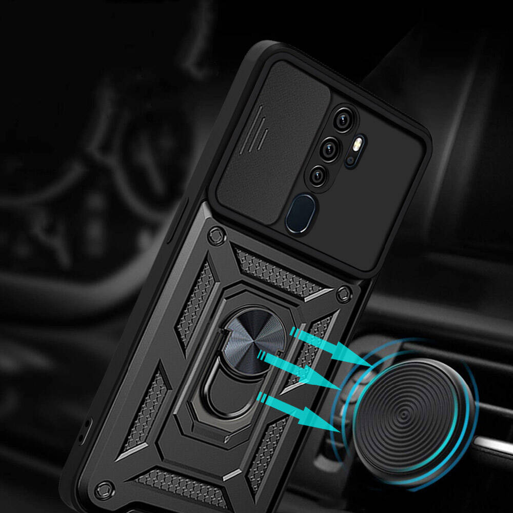 Oppo A9 2020 Kılıf Magnetik Standlı Kamera Korumalı Zore Sürgülü Vega Kapak Mavi
