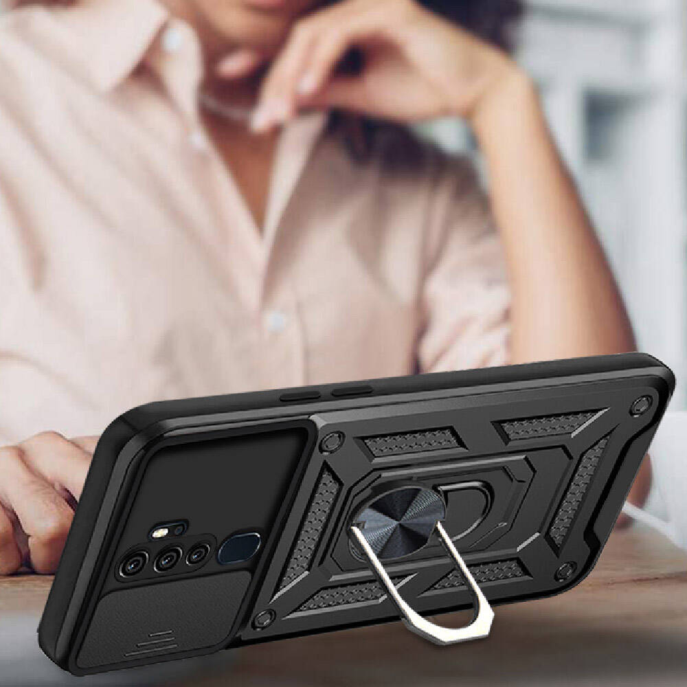 Oppo A9 2020 Kılıf Magnetik Standlı Kamera Korumalı Zore Sürgülü Vega Kapak Mavi