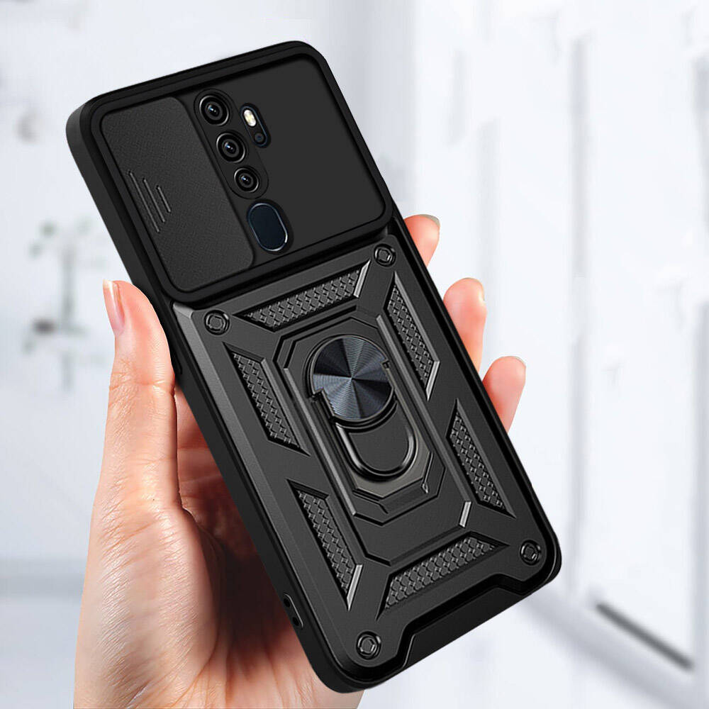 Oppo A9 2020 Kılıf Magnetik Standlı Kamera Korumalı Zore Sürgülü Vega Kapak Mavi