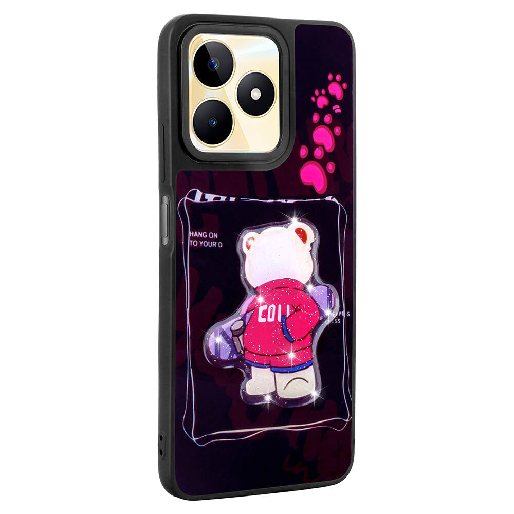Realme C53 Kılıf Parlayan Kabartmalı İkonik Figürlü Zore Amas Silikon Kapak Pembe