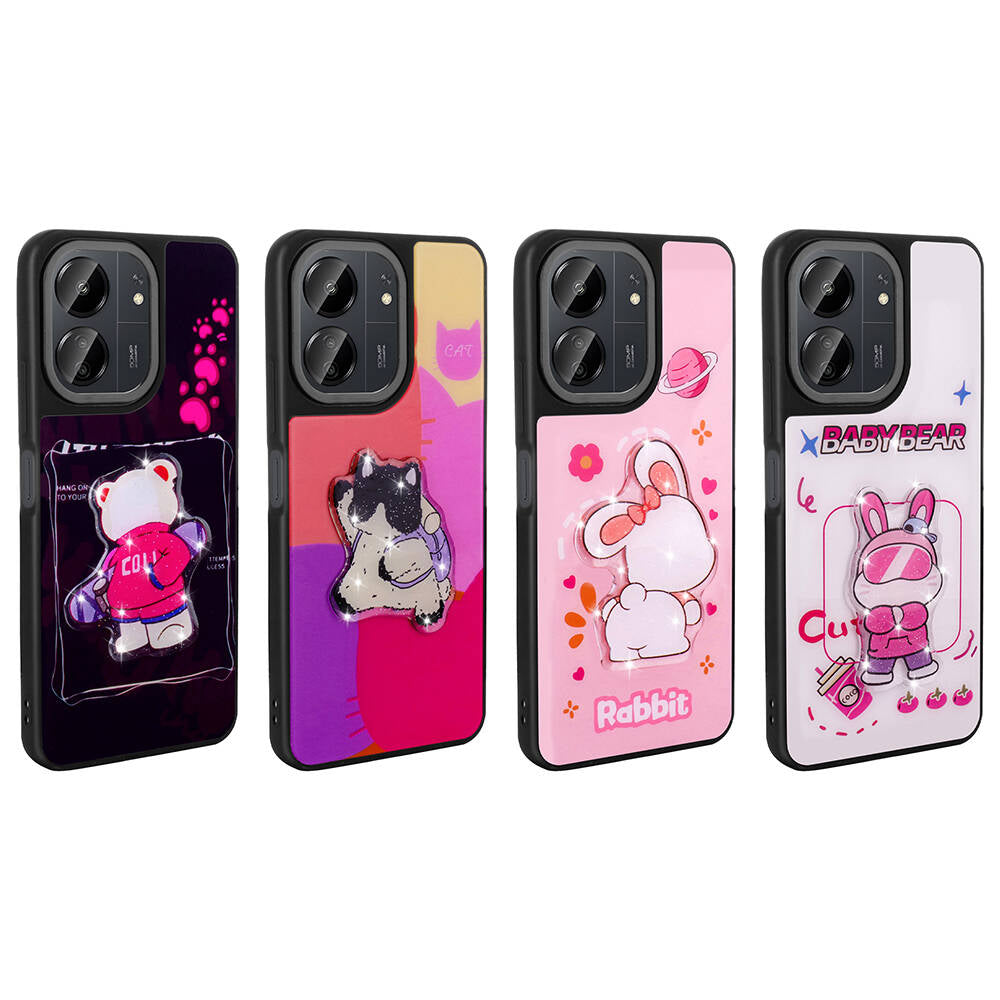 Xiaomi Redmi 13C Kılıf Parlayan Kabartmalı İkonik Figürlü Zore Amas Silikon Kapak Pembe