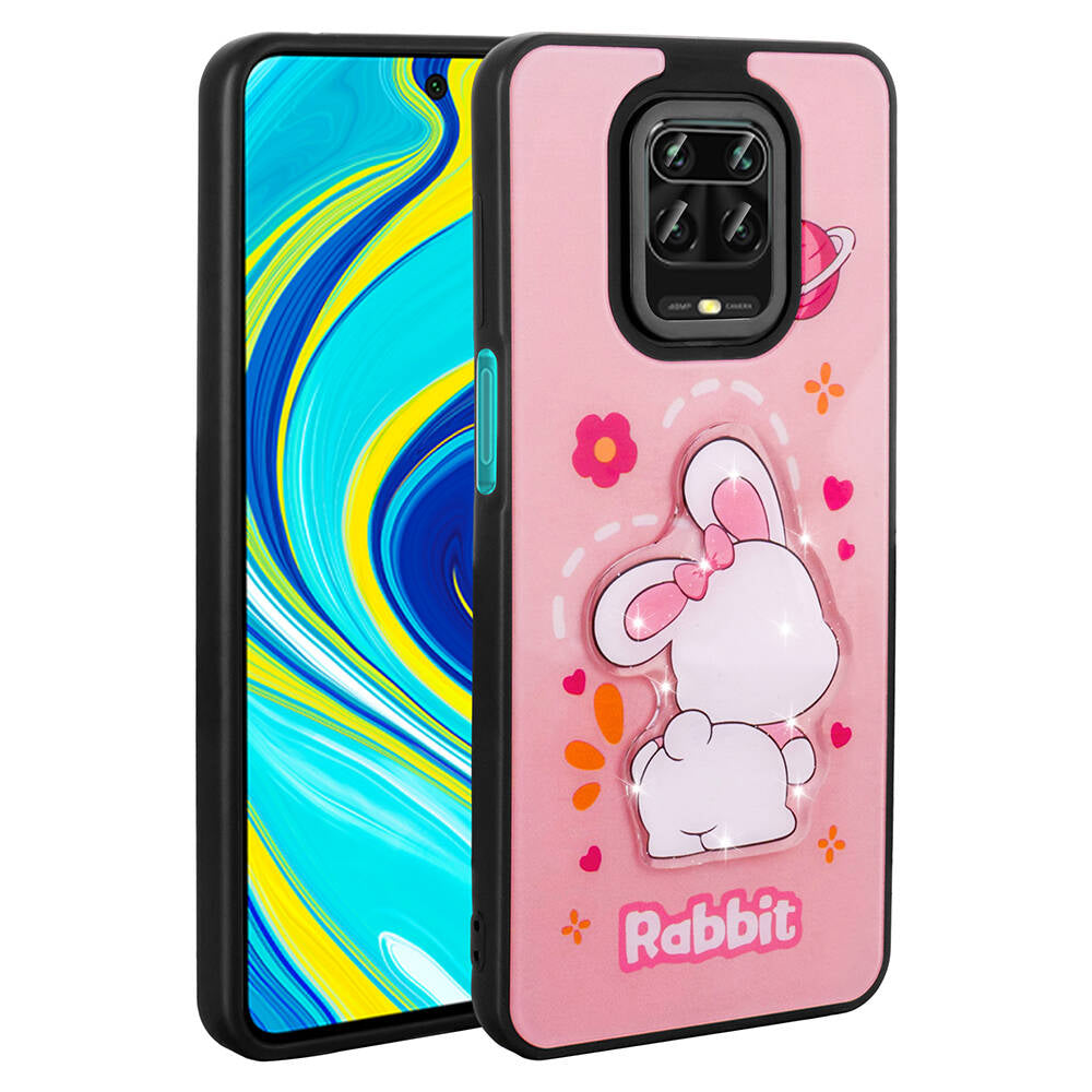 Xiaomi Redmi Note 9 Pro Kılıf Parlayan Kabartmalı İkonik Figürlü Zore Amas Silikon Kapak Pembe