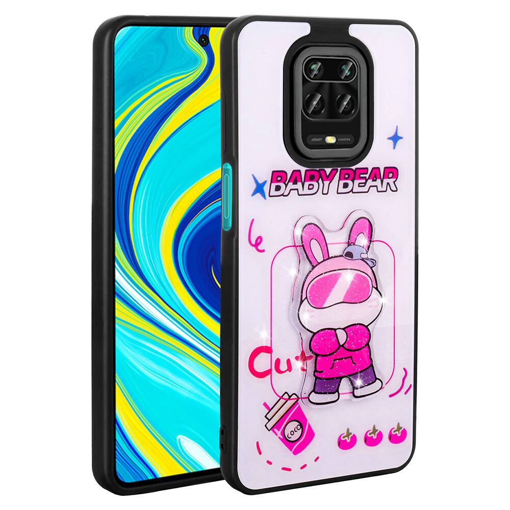 Xiaomi Redmi Note 9 Pro Kılıf Parlayan Kabartmalı İkonik Figürlü Zore Amas Silikon Kapak Mor