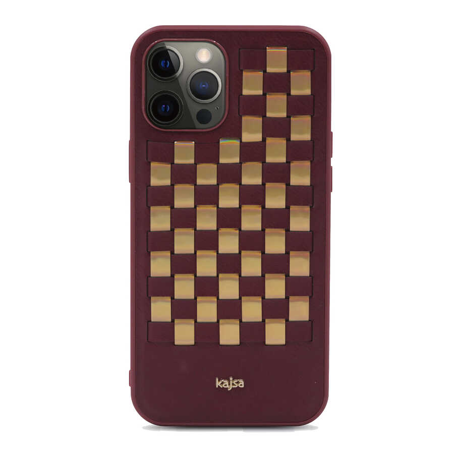 Apple%20iPhone%2012%20Pro%20Max%20Kılıf%20Kajsa%20Preppie%20Serisi%20Spotlight%20Woven%20Kapak-Bordo