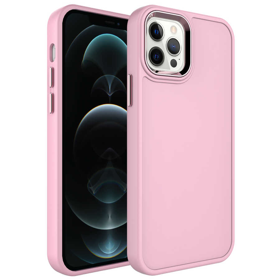 Apple%20iPhone%2012%20Pro%20Kılıf%20Metal%20Çerçeve%20ve%20Buton%20Tasarımlı%20Sert%20Zore%20Botox%20Kapak-Pembe%20açık