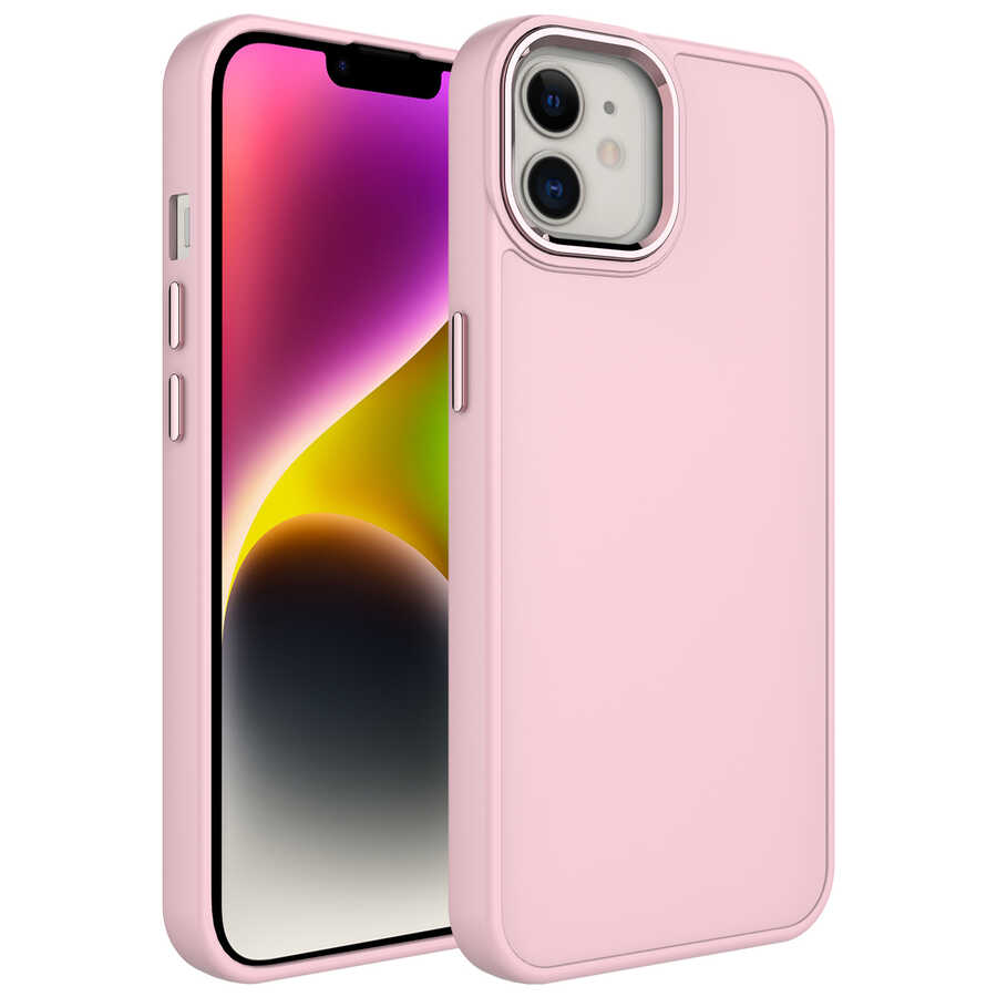 Apple%20iPhone%2012%20Kılıf%20Metal%20Çerçeve%20ve%20Buton%20Tasarımlı%20Silikon%20Zore%20Luna%20Kapak-Pembe