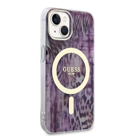 Apple iPhone 14 Kılıf GUESS Magsafe Şarj Özellikli Leopar Desenli Kapak