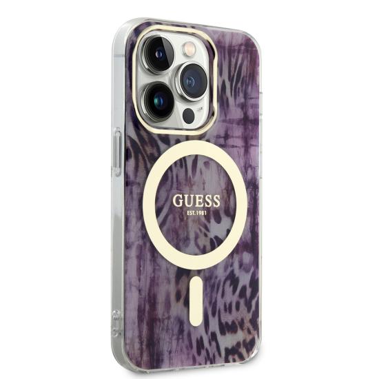 Apple iPhone 14 Pro Kılıf GUESS Magsafe Şarj Özellikli Leopar Desenli Kapak