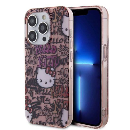 Apple iPhone 15 Pro Kılıf Hello Kitty Orjinal Lisanslı İkonik Logolu Etiket Graffiti Kapak